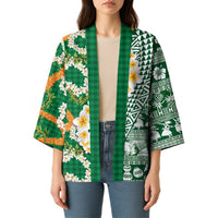 Hawaiian Plumeria Lei Kimono Kakau Motifs and Palaka Half Style Green Color LT03 - Polynesian Pride