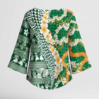 Hawaiian Plumeria Lei Kimono Sleeve Blouse Kakau Motifs and Palaka Half Style Green Color LT03 - Polynesian Pride