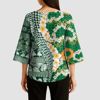 Hawaiian Plumeria Lei Kimono Sleeve Blouse Kakau Motifs and Palaka Half Style Green Color LT03 - Polynesian Pride