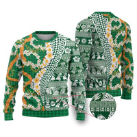 Hawaiian Plumeria Lei Ugly Christmas Sweater Kakau Motifs and Palaka Half Style Green Color LT03 Green - Polynesian Pride