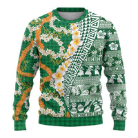 Hawaiian Plumeria Lei Ugly Christmas Sweater Kakau Motifs and Palaka Half Style Green Color LT03 - Polynesian Pride