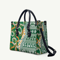 Hawaiian Plumeria Lei Leather Bag Kakau Motifs and Palaka Half Style Green Color LT03 Green - Polynesian Pride