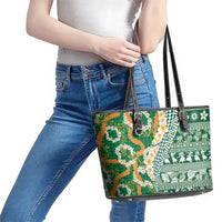 Hawaiian Plumeria Lei Leather Tote Bag Kakau Motifs and Palaka Half Style Green Color LT03 - Polynesian Pride