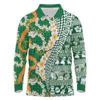 Hawaiian Plumeria Lei Long Sleeve Polo Shirt Kakau Motifs and Palaka Half Style Green Color LT03 Green - Polynesian Pride