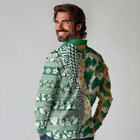 Hawaiian Plumeria Lei Long Sleeve Polo Shirt Kakau Motifs and Palaka Half Style Green Color LT03 - Polynesian Pride