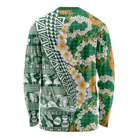 Hawaiian Plumeria Lei Long Sleeve Shirt Kakau Motifs and Palaka Half Style Green Color LT03 - Polynesian Pride