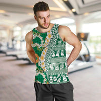 Hawaiian Plumeria Lei Men Tank Top Kakau Motifs and Palaka Half Style Green Color LT03 Green - Polynesian Pride