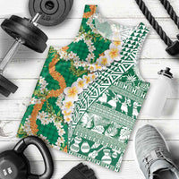 Hawaiian Plumeria Lei Men Tank Top Kakau Motifs and Palaka Half Style Green Color LT03 - Polynesian Pride
