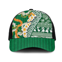 Hawaiian Plumeria Lei Mesh Trucker Cap Kakau Motifs and Palaka Half Style Green Color LT03 One Size Black Green - Polynesian Pride