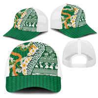 Hawaiian Plumeria Lei Mesh Trucker Cap Kakau Motifs and Palaka Half Style Green Color LT03 - Polynesian Pride