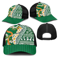 Hawaiian Plumeria Lei Mesh Trucker Cap Kakau Motifs and Palaka Half Style Green Color LT03 - Polynesian Pride