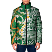 Hawaiian Plumeria Lei Padded Jacket Kakau Motifs and Palaka Half Style Green Color LT03 Men Green - Polynesian Pride