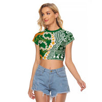 Hawaiian Plumeria Lei Raglan Cropped T Shirt Kakau Motifs and Palaka Half Style Green Color LT03 Female Green - Polynesian Pride