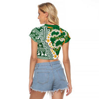 Hawaiian Plumeria Lei Raglan Cropped T Shirt Kakau Motifs and Palaka Half Style Green Color LT03 - Polynesian Pride