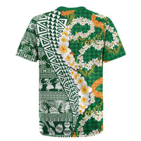 Hawaiian Plumeria Lei Rugby Jersey Kakau Motifs and Palaka Half Style Green Color LT03 - Polynesian Pride