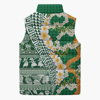 Hawaiian Plumeria Lei Sleeveless Puffer Jacket Kakau Motifs and Palaka Half Style Green Color LT03 - Polynesian Pride