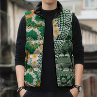 Hawaiian Plumeria Lei Sleeveless Puffer Jacket Kakau Motifs and Palaka Half Style Green Color LT03 - Polynesian Pride