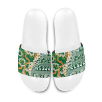 Hawaiian Plumeria Lei Slide Sandals Kakau Motifs and Palaka Half Style Green Color LT03 Green - Polynesian Pride