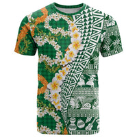Hawaiian Plumeria Lei T Shirt Kakau Motifs and Palaka Half Style Green Color LT03 Green - Polynesian Pride