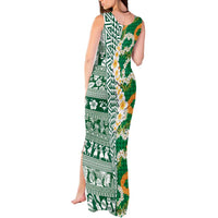 Hawaiian Plumeria Lei Tank Maxi Dress Kakau Motifs and Palaka Half Style Green Color LT03 - Polynesian Pride