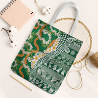 Hawaiian Plumeria Lei Tote Bag Kakau Motifs and Palaka Half Style Green Color LT03 White Strap One Size Green - Polynesian Pride