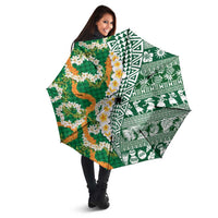 Hawaiian Plumeria Lei Umbrella Kakau Motifs and Palaka Half Style Green Color LT03 - Polynesian Pride