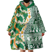 Hawaiian Plumeria Lei Wearable Blanket Hoodie Kakau Motifs and Palaka Half Style Green Color LT03 - Polynesian Pride