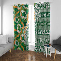 Hawaiian Plumeria Lei Window Curtain Kakau Motifs and Palaka Half Style Green Color LT03 With Grommets Green - Polynesian Pride
