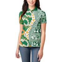 Hawaiian Plumeria Lei Women Polo Shirt Kakau Motifs and Palaka Half Style Green Color LT03 - Polynesian Pride