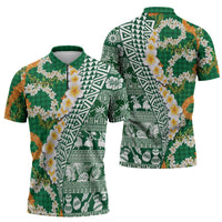 Hawaiian Plumeria Lei Zipper Polo Shirt Kakau Motifs and Palaka Half Style Green Color LT03 - Polynesian Pride