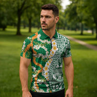 Hawaiian Plumeria Lei Zipper Polo Shirt Kakau Motifs and Palaka Half Style Green Color LT03 - Polynesian Pride