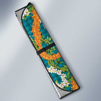 Hawaiian Plumeria Lei Auto Sun Shade Kakau Motifs and Palaka Half Style Turquoise Color LT03 - Polynesian Pride