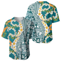 Hawaiian Plumeria Lei Baseball Jersey Kakau Motifs and Palaka Half Style Turquoise Color LT03 - Polynesian Pride