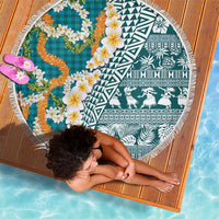 Hawaiian Plumeria Lei Beach Blanket Kakau Motifs and Palaka Half Style Turquoise Color - Polynesian Pride