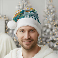 Hawaiian Plumeria Lei Christmas Santa Hat Kakau Motifs and Palaka Half Style Turquoise Color LT03 - Polynesian Pride