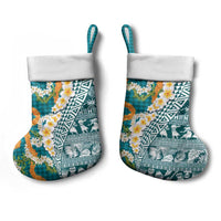 Hawaiian Plumeria Lei Christmas Stocking Kakau Motifs and Palaka Half Style Turquoise Color LT03 - Polynesian Pride
