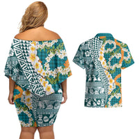 Hawaiian Plumeria Lei Couples Matching Off Shoulder Short Dress and Hawaiian Shirt Kakau Motifs and Palaka Half Style Turquoise Color LT03 - Polynesian Pride