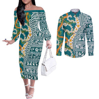 Hawaiian Plumeria Lei Couples Matching Off The Shoulder Long Sleeve Dress and Long Sleeve Button Shirt Kakau Motifs and Palaka Half Style Turquoise Color LT03 Turquoise - Polynesian Pride