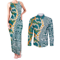 Hawaiian Plumeria Lei Couples Matching Tank Maxi Dress and Long Sleeve Button Shirt Kakau Motifs and Palaka Half Style Turquoise Color LT03 Turquoise - Polynesian Pride