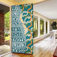 Hawaiian Plumeria Lei Door Cover Kakau Motifs and Palaka Half Style Turquoise Color LT03 - Polynesian Pride