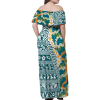 Hawaiian Plumeria Lei Family Matching Off Shoulder Maxi Dress and Hawaiian Shirt Kakau Motifs and Palaka Half Style Turquoise Color LT03 - Polynesian Pride