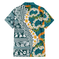 Hawaiian Plumeria Lei Family Matching Summer Maxi Dress and Hawaiian Shirt Kakau Motifs and Palaka Half Style Turquoise Color LT03 - Polynesian Pride