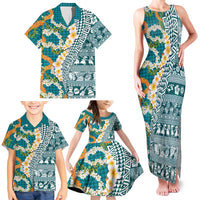 Hawaiian Plumeria Lei Family Matching Tank Maxi Dress and Hawaiian Shirt Kakau Motifs and Palaka Half Style Turquoise Color LT03 - Polynesian Pride