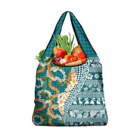 Hawaiian Plumeria Lei Grocery Bag Kakau Motifs and Palaka Half Style Turquoise Color LT03 1-pack One Size Turquoise - Polynesian Pride