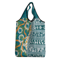 Hawaiian Plumeria Lei Grocery Bag Kakau Motifs and Palaka Half Style Turquoise Color LT03 - Polynesian Pride