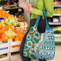Hawaiian Plumeria Lei Grocery Bag Kakau Motifs and Palaka Half Style Turquoise Color LT03 - Polynesian Pride