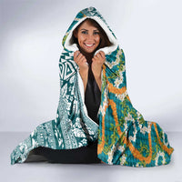 Hawaiian Plumeria Lei Hooded Blanket Kakau Motifs and Palaka Half Style Turquoise Color LT03 - Polynesian Pride