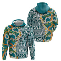 Hawaiian Plumeria Lei Hoodie Kakau Motifs and Palaka Half Style Turquoise Color LT03 - Polynesian Pride