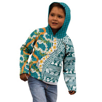 Hawaiian Plumeria Lei Kid Hoodie Kakau Motifs and Palaka Half Style Turquoise Color LT03 - Polynesian Pride