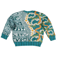Hawaiian Plumeria Lei Kid Ugly Christmas Sweater Kakau Motifs and Palaka Half Style Turquoise Color LT03 - Polynesian Pride